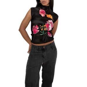 Flowers Print Stretch Pleats Short-sleeved Mockneck Top